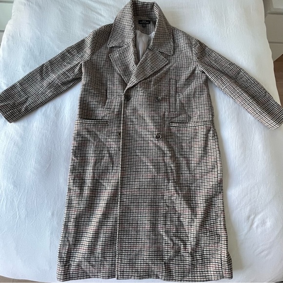Long Plaid Checked Checkered Coat Trench Jacket Dry Cleaned Suitable For Work - Picture 1 of 16